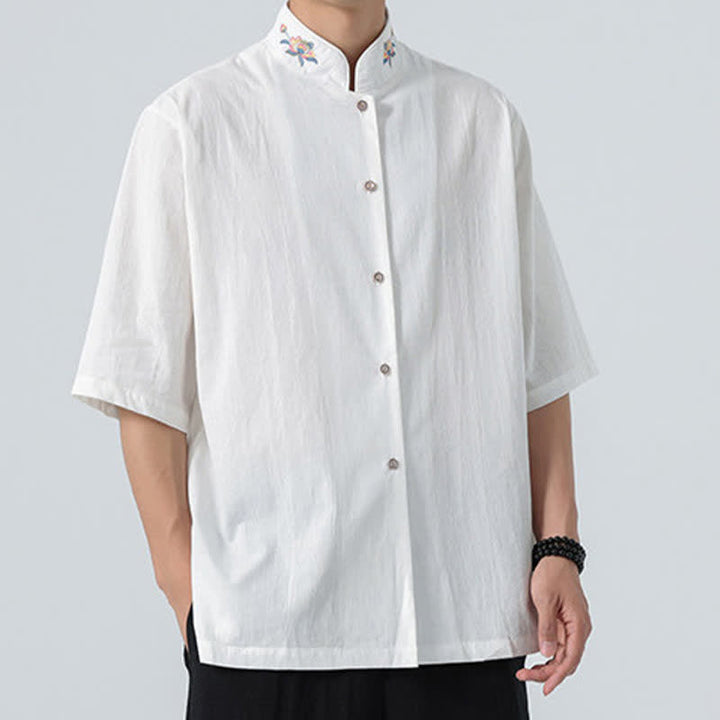 Buddha Stones Chemises d'été pour hommes, style Tang, col mandarin, broderie lotus, unies - image 17