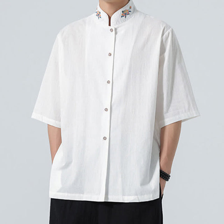 Buddha Stones Chemises d'été pour hommes, style Tang, col mandarin, broderie lotus, unies - image 22