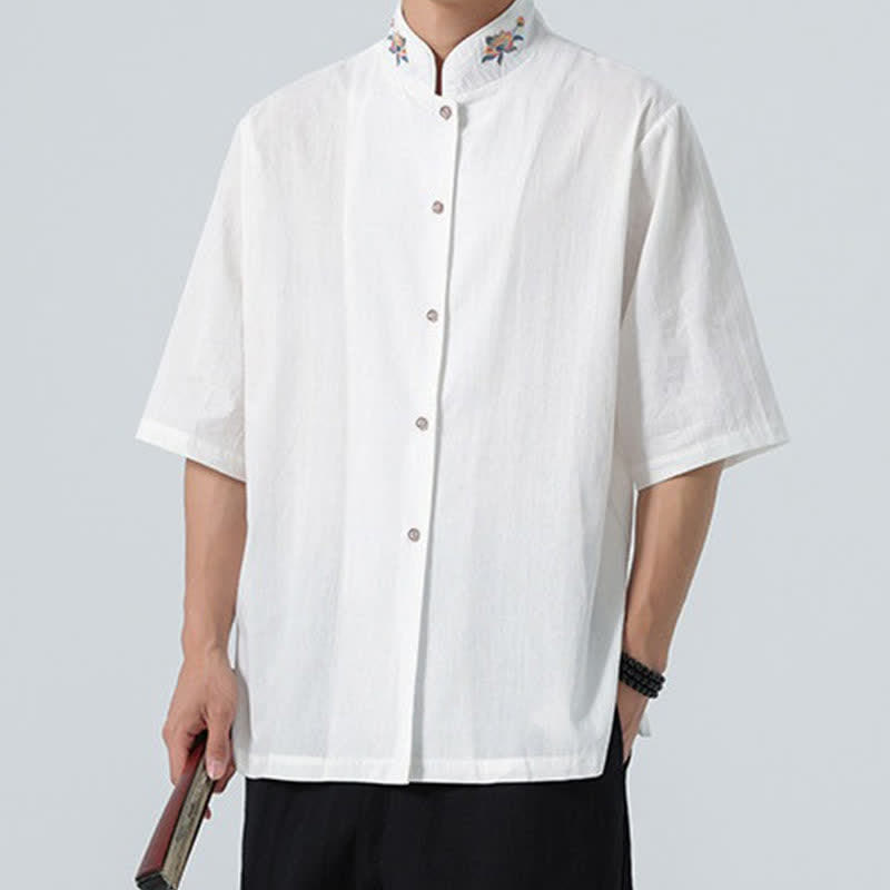 Buddha Stones Chemises d'été pour hommes, style Tang, col mandarin, broderie lotus, unies - image 23