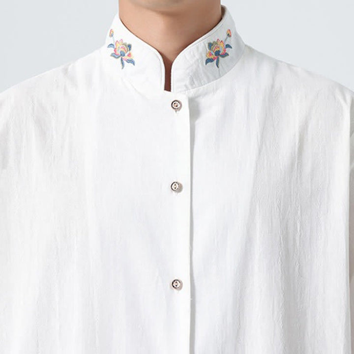 Buddha Stones Chemises d'été pour hommes, style Tang, col mandarin, broderie lotus, unies - image 24