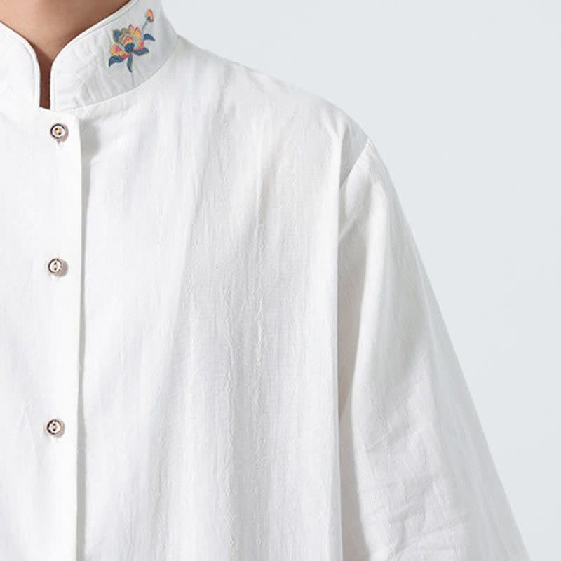 Buddha Stones Chemises d'été pour hommes, style Tang, col mandarin, broderie lotus, unies - image 25