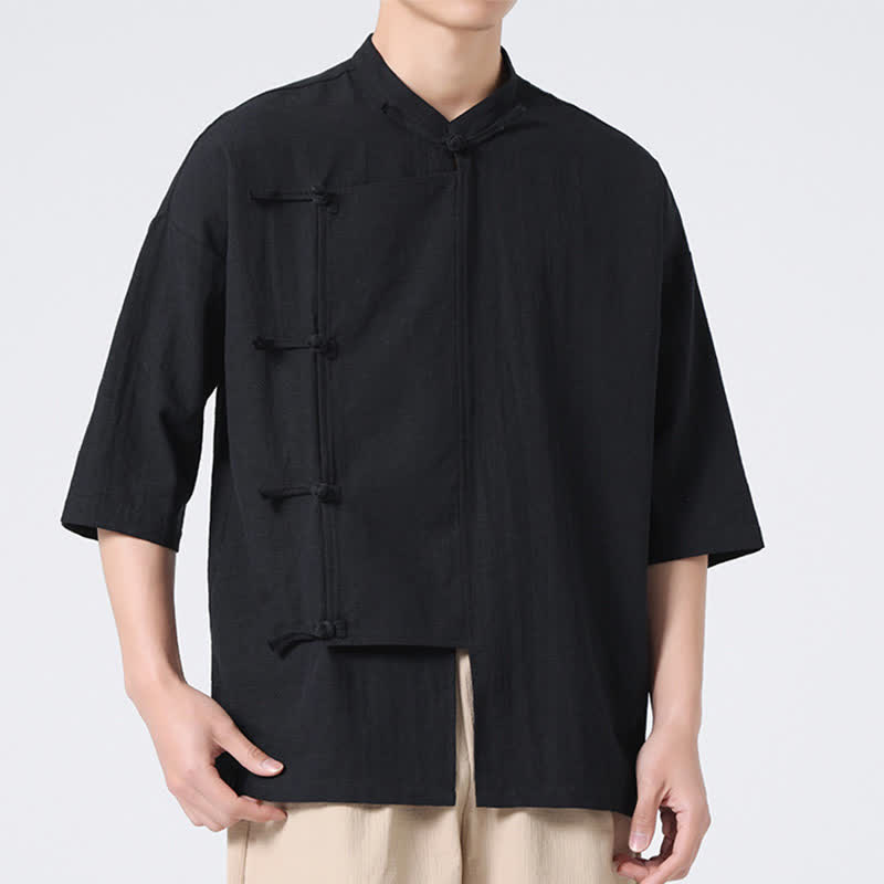 Buddha Stones Chemises d'été pour hommes, col mandarin, boutons brandebourg, manches courtes, couleur unie, style Tang - Noir - US/UK/AU46，EU56 (5XL) - image 12