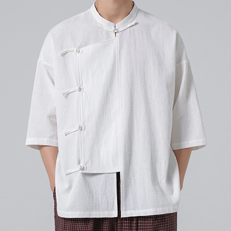 Buddha Stones Chemises d'été pour hommes, col mandarin, boutons brandebourg, manches courtes, couleur unie, style Tang - Blanc - US/UK/AU46，EU56 (5XL) - image 21