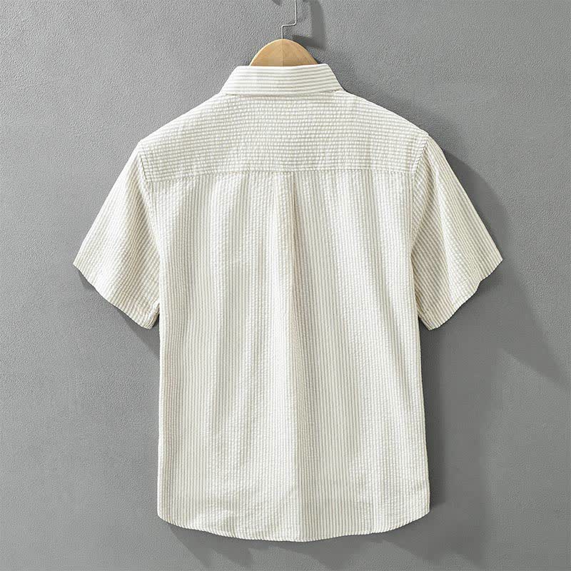 Buddha Stones Chemises d'été décontractées à manches courtes en coton rayé pour homme, avec poche décorative et boutons. - image 2