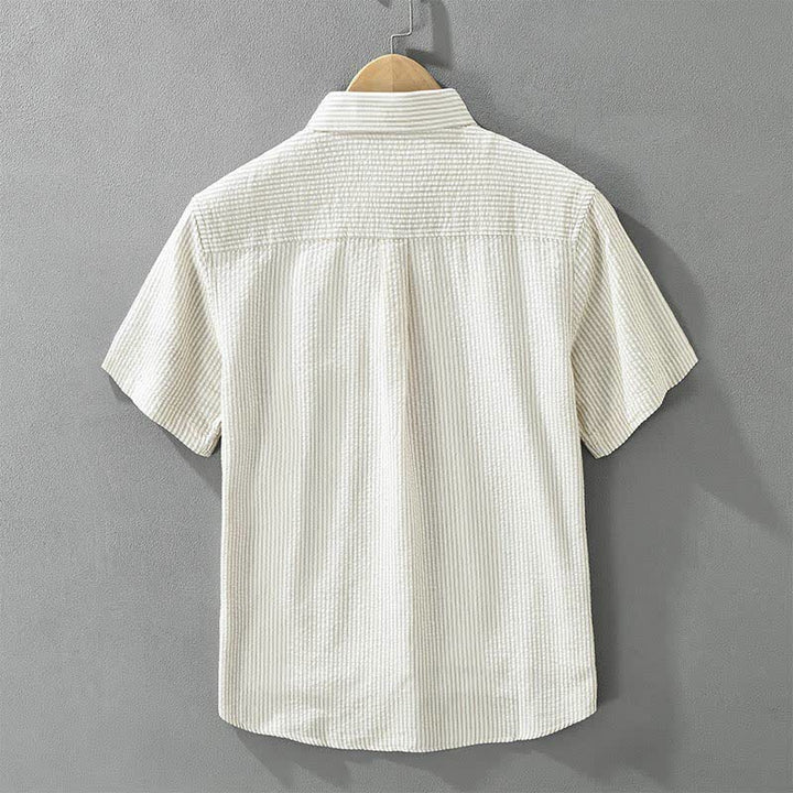 Buddha Stones Chemises d'été décontractées à manches courtes en coton rayé pour homme, avec poche décorative et boutons. - image 2