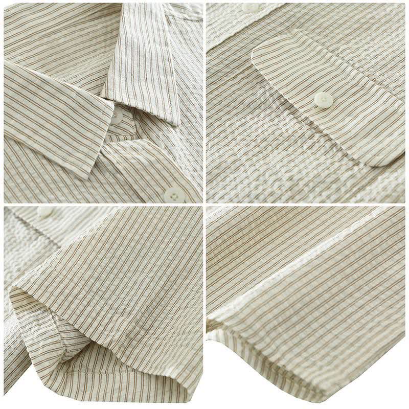 Buddha Stones Chemises d'été décontractées à manches courtes en coton rayé pour homme, avec poche décorative et boutons. - image 4