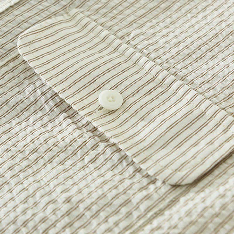Buddha Stones Chemises d'été décontractées à manches courtes en coton rayé pour homme, avec poche décorative et boutons. - image 8