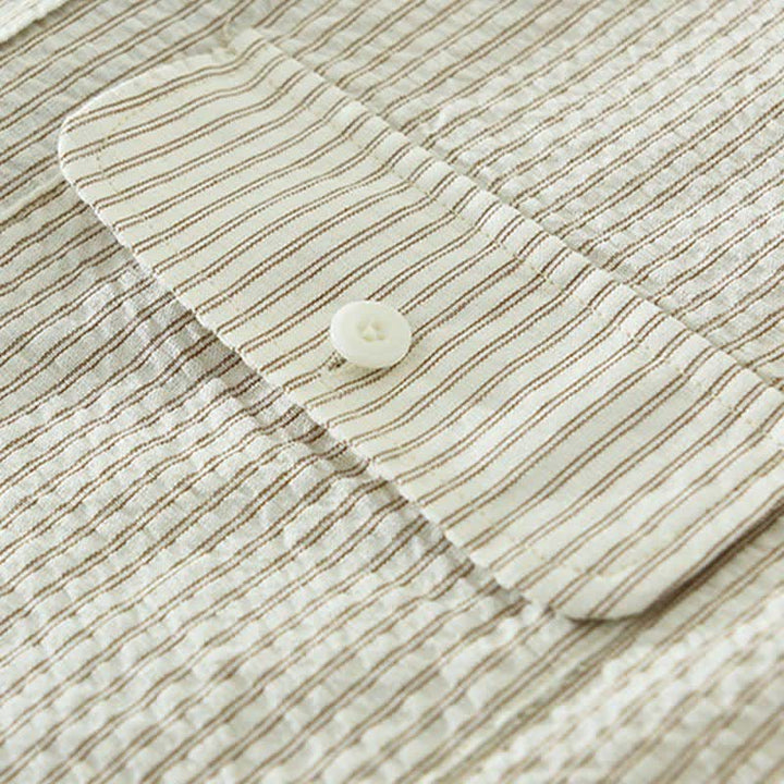 Buddha Stones Chemises d'été décontractées à manches courtes en coton rayé pour homme, avec poche décorative et boutons. - image 8