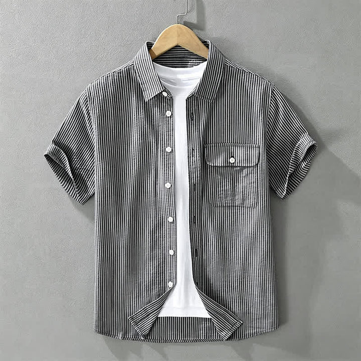 Buddha Stones Chemises d'été décontractées à manches courtes en coton rayé pour homme, avec poche décorative et boutons. - SteelBlue - US/UK/AU42，EU52 (3XL) - image 13