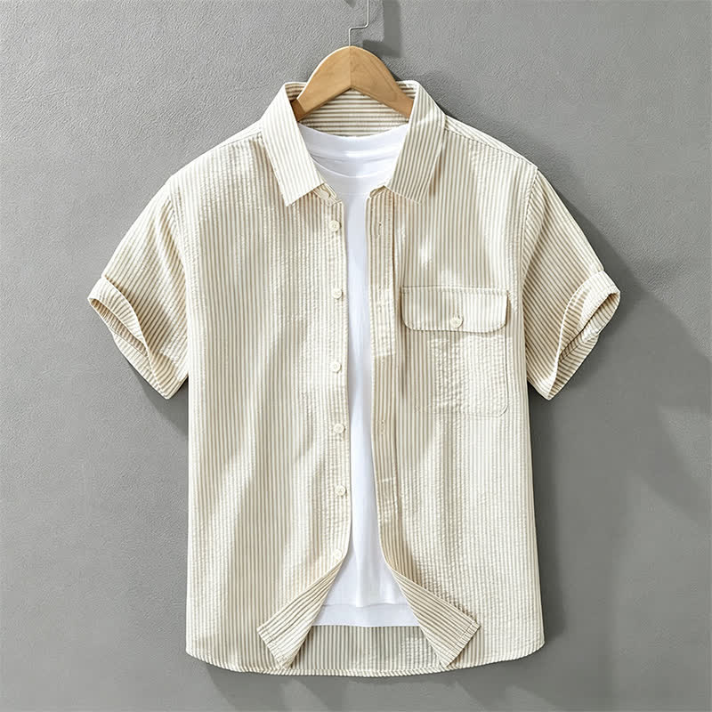 Buddha Stones Chemises d'été décontractées à manches courtes en coton rayé pour homme, avec poche décorative et boutons. - Blé - US/UK/AU42，EU52 (3XL) - image 1
