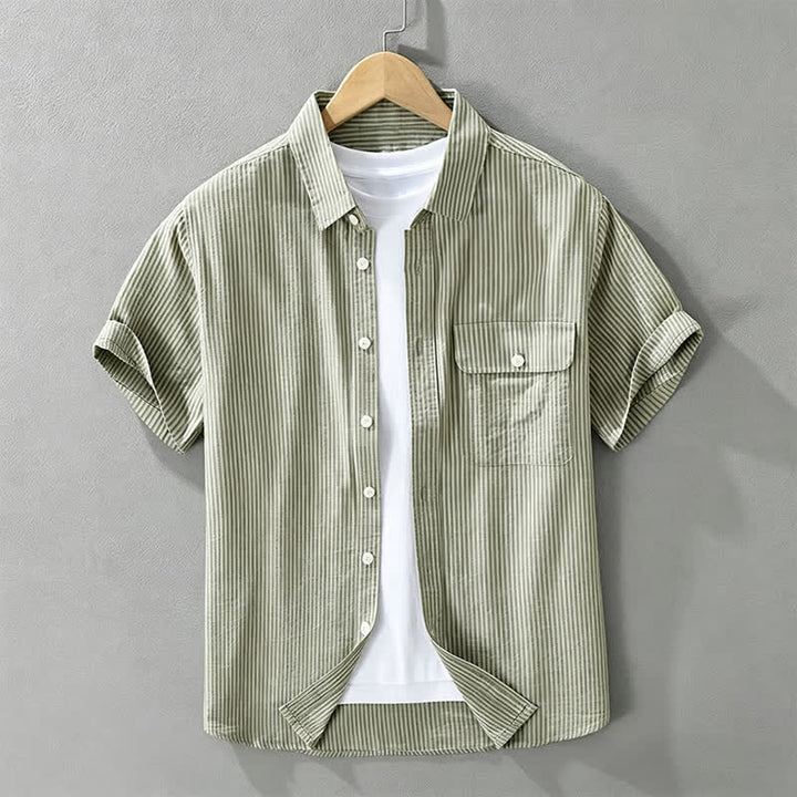 Buddha Stones Chemises d'été décontractées à manches courtes en coton rayé pour homme, avec poche décorative et boutons. - Vert foncé - US/UK/AU42，EU52 (3XL) - image 0