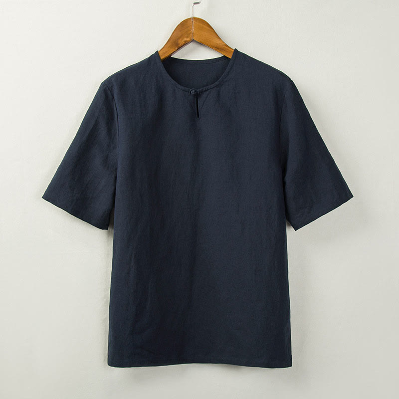 Buddha Stones Chemises d'été pour hommes, style Tang, à boutons noués et fentes latérales, unies - Bleu nuit - US/UK/AU46，EU56 (5XL) - image 4