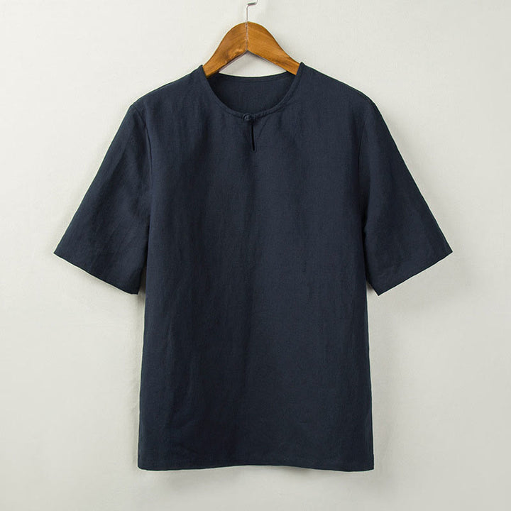 Buddha Stones Chemises d'été pour hommes, style Tang, à boutons noués et fentes latérales, unies - Bleu nuit - US/UK/AU46，EU56 (5XL) - image 4