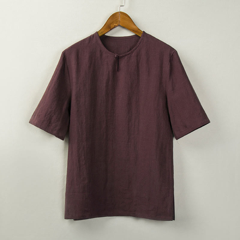Buddha Stones Chemises d'été pour hommes, style Tang, à boutons noués et fentes latérales, unies - Rouge foncé - US/UK/AU46，EU56 (5XL) - image 2