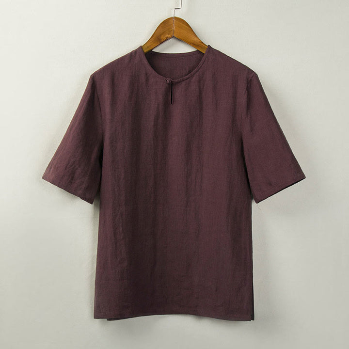 Buddha Stones Chemises d'été pour hommes, style Tang, à boutons noués et fentes latérales, unies - Rouge foncé - US/UK/AU46，EU56 (5XL) - image 2
