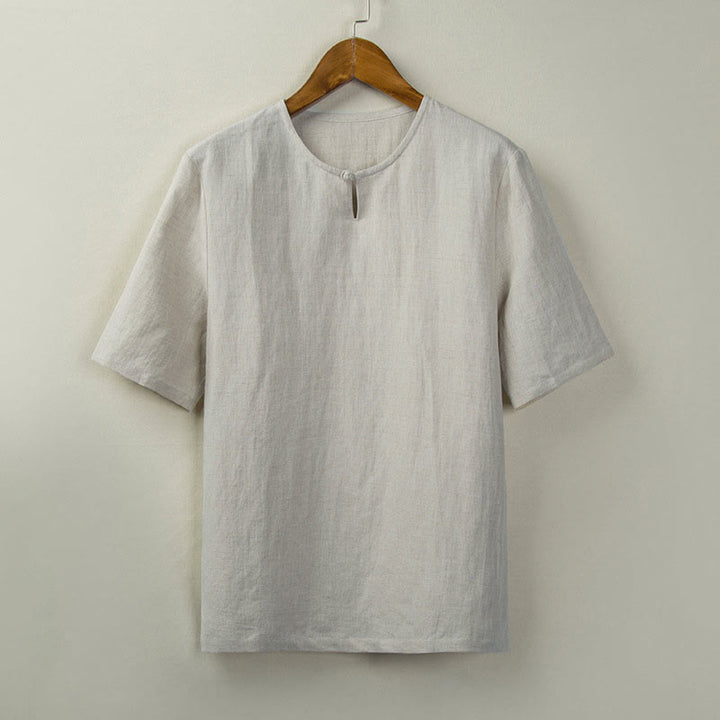 Buddha Stones Chemises d'été pour hommes, style Tang, à boutons noués et fentes latérales, unies - Lin - US/UK/AU46，EU56 (5XL) - image 0
