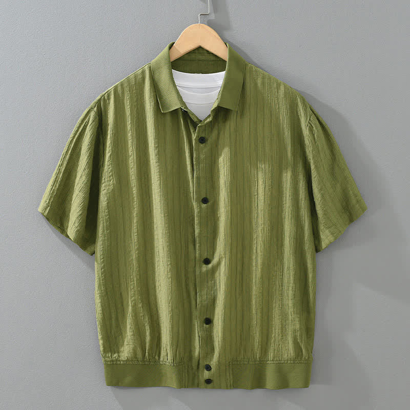 Buddha Stones Chemises d'été minimalistes décontractées pour hommes, unies à boutons - Vert olive - US/UK/AU46，EU56 (5XL) - image 0