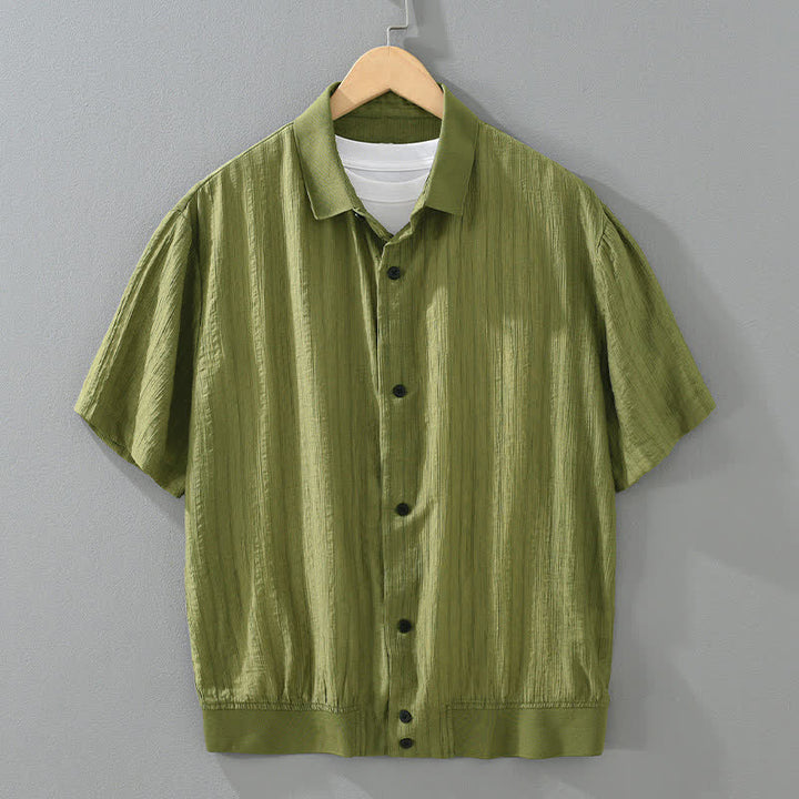 Buddha Stones Chemises d'été minimalistes décontractées pour hommes, unies à boutons - Vert olive - US/UK/AU46，EU56 (5XL) - image 0