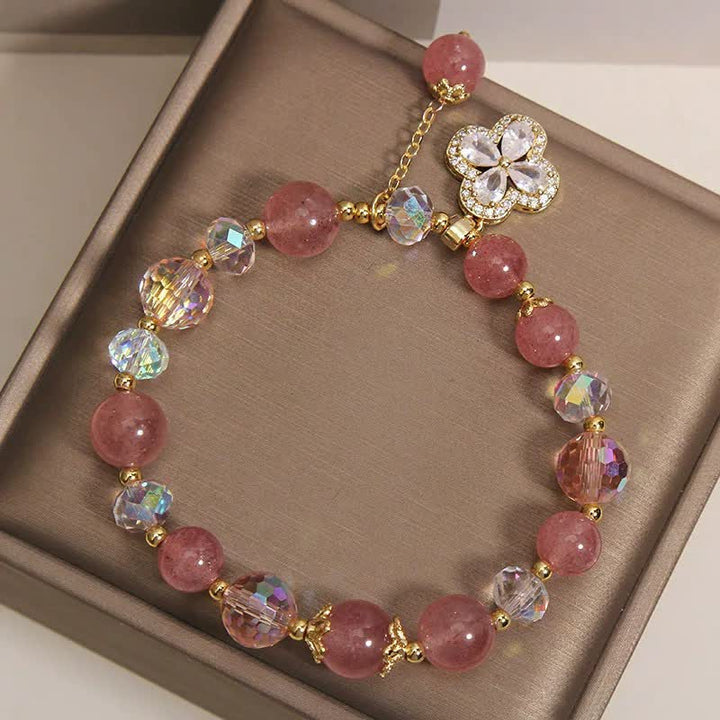 Buddha Stones Bracelet à pompon en quartz fraise et trèfle à perles - image 7