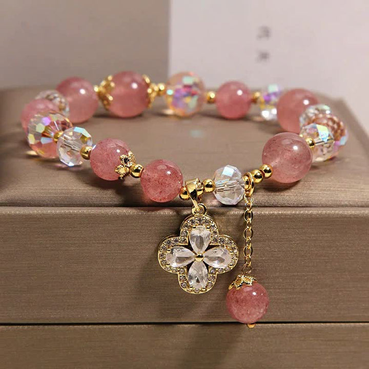 Buddha Stones Bracelet à pompon en quartz fraise et trèfle à perles - image 1