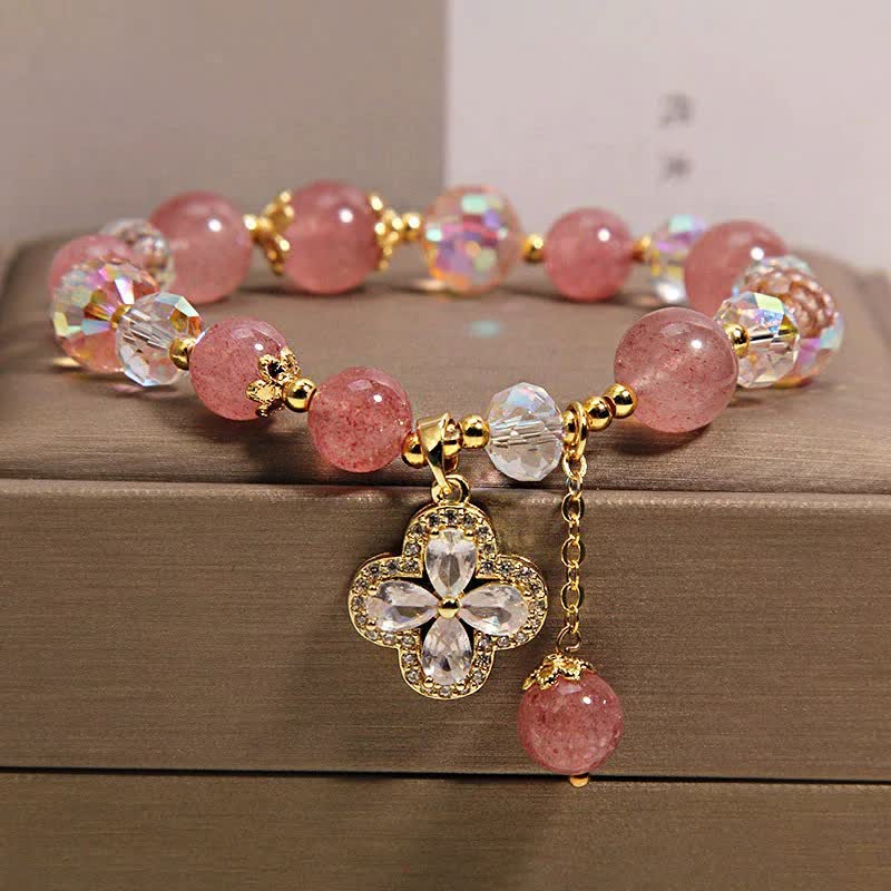 Buddha Stones Bracelet à pompon en quartz fraise et trèfle à perles - Quartz fraise (Amour ♥ Guérison) - image 0