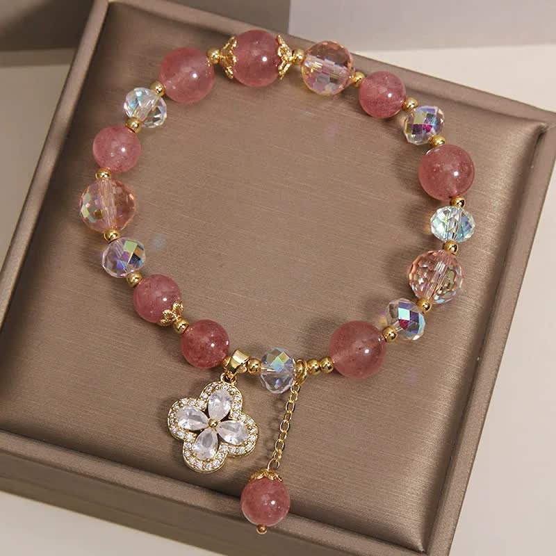 Buddha Stones Bracelet à pompon en quartz fraise et trèfle à perles - image 4