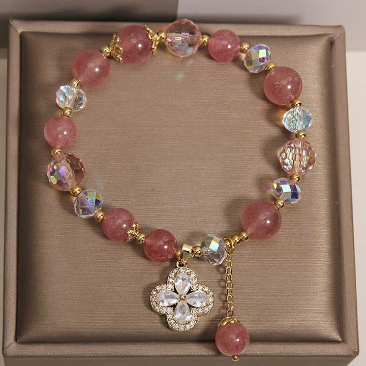 Buddha Stones Bracelet à pompon en quartz fraise et trèfle à perles - image 6