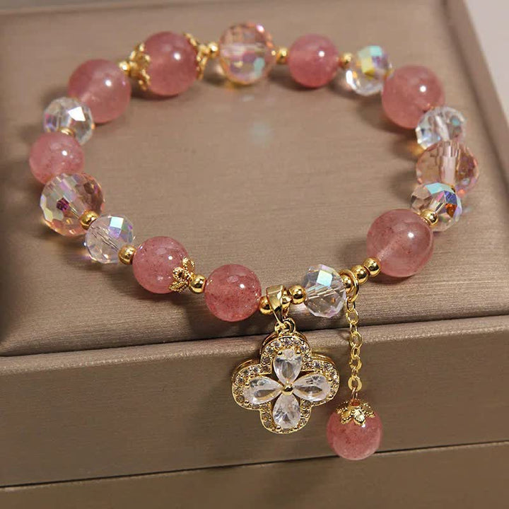 Buddha Stones Bracelet à pompon en quartz fraise et trèfle à perles - image 3