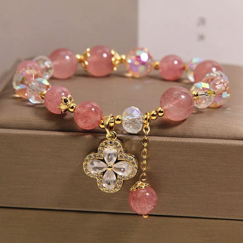 Buddha Stones Bracelet à pompon en quartz fraise et trèfle à perles - image 2