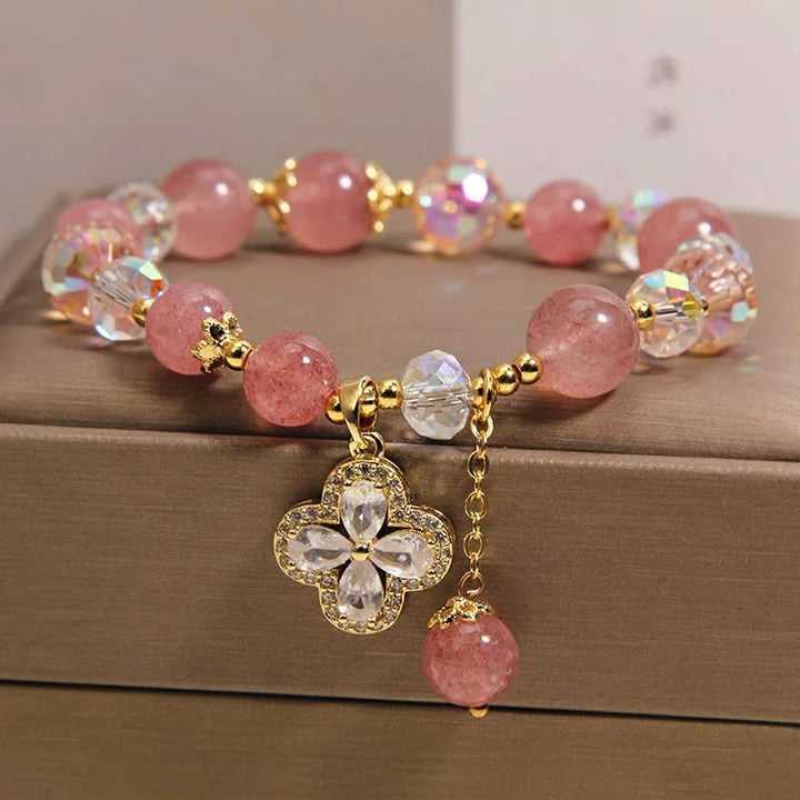 Buddha Stones Bracelet à pompon en quartz fraise et trèfle à perles - image 2
