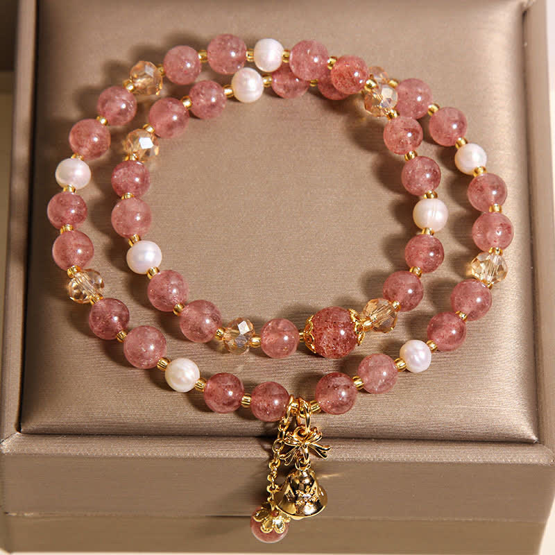Buddha Stones Bracelet papillon double tour en quartz fraise et perle, amour, quartz fraise et perle. - image 3