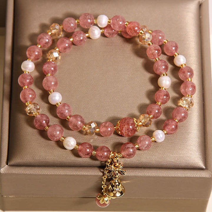 Buddha Stones Bracelet papillon double tour en quartz fraise et perle, amour, quartz fraise et perle. - image 3