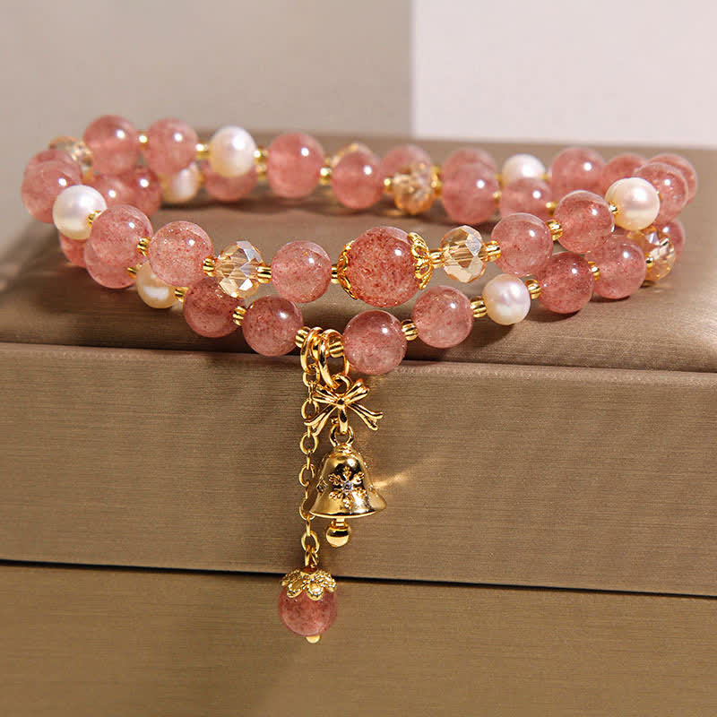Buddha Stones Bracelet papillon double tour en quartz fraise et perle, amour, quartz fraise et perle. - image 1