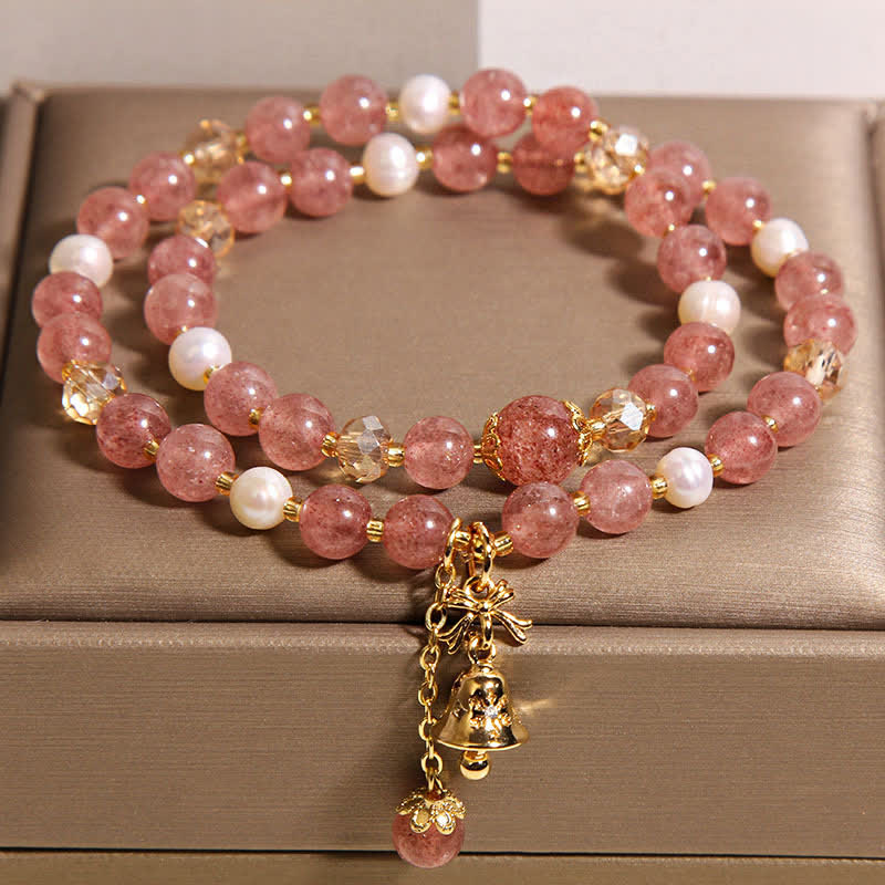 Buddha Stones Bracelet papillon double tour en quartz fraise et perle, amour, quartz fraise et perle. - image 7