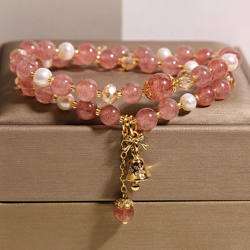 Buddha Stones Bracelet papillon double tour en quartz fraise et perle, amour, quartz fraise et perle. - Quartz fraise (Amour ♥ Guérison) - image 0