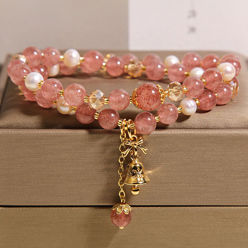 Buddha Stones Bracelet papillon double tour en quartz fraise et perle, amour, quartz fraise et perle. - image 2