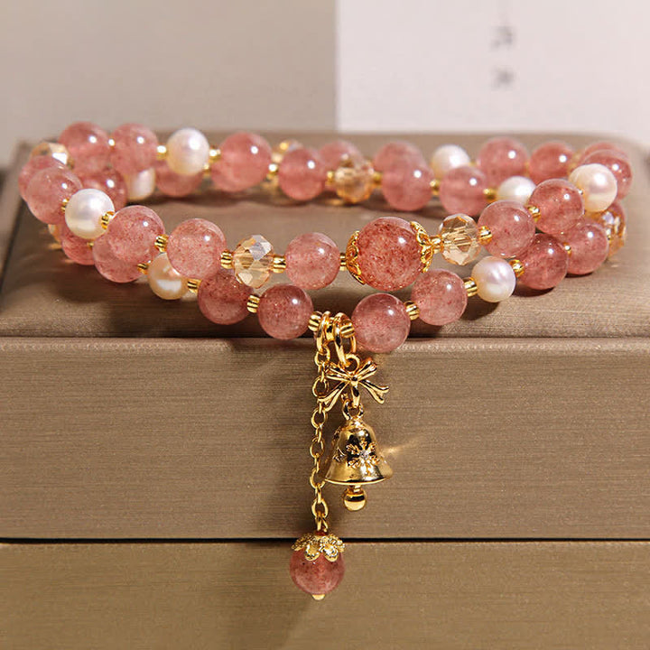 Buddha Stones Bracelet papillon double tour en quartz fraise et perle, amour, quartz fraise et perle. - image 2