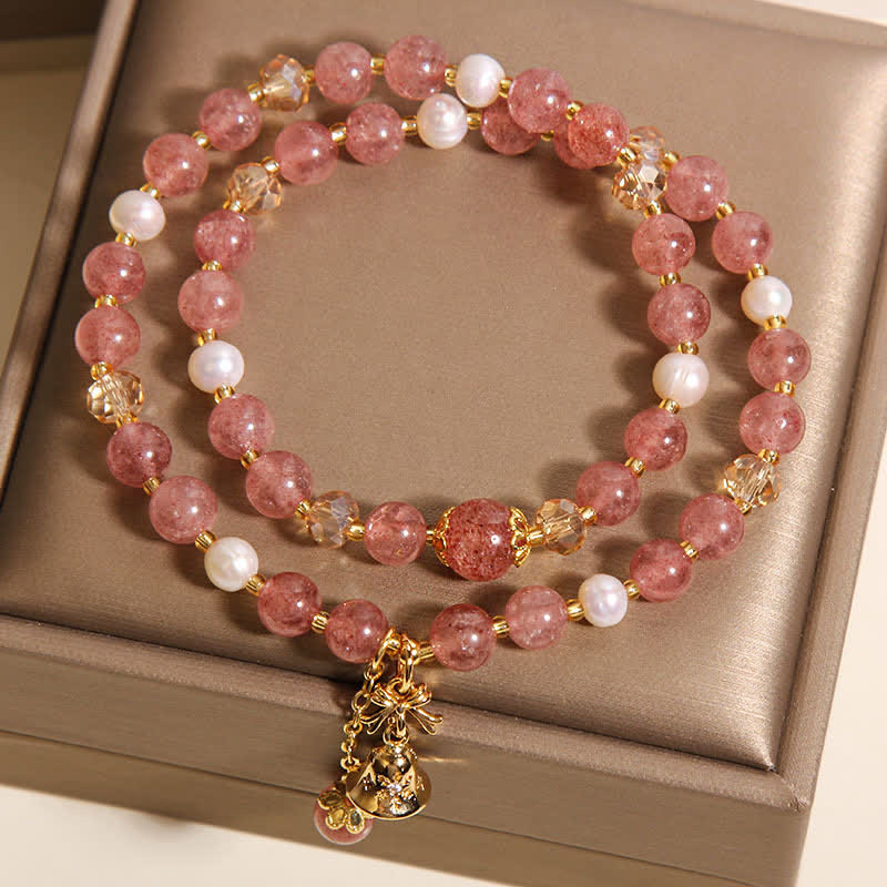 Buddha Stones Bracelet papillon double tour en quartz fraise et perle, amour, quartz fraise et perle. - image 4