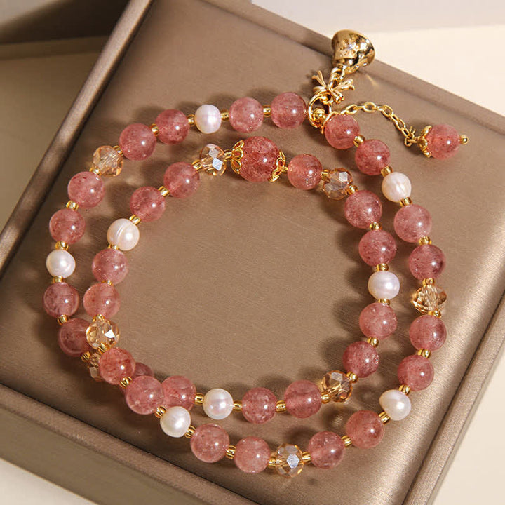 Buddha Stones Bracelet papillon double tour en quartz fraise et perle, amour, quartz fraise et perle. - image 8