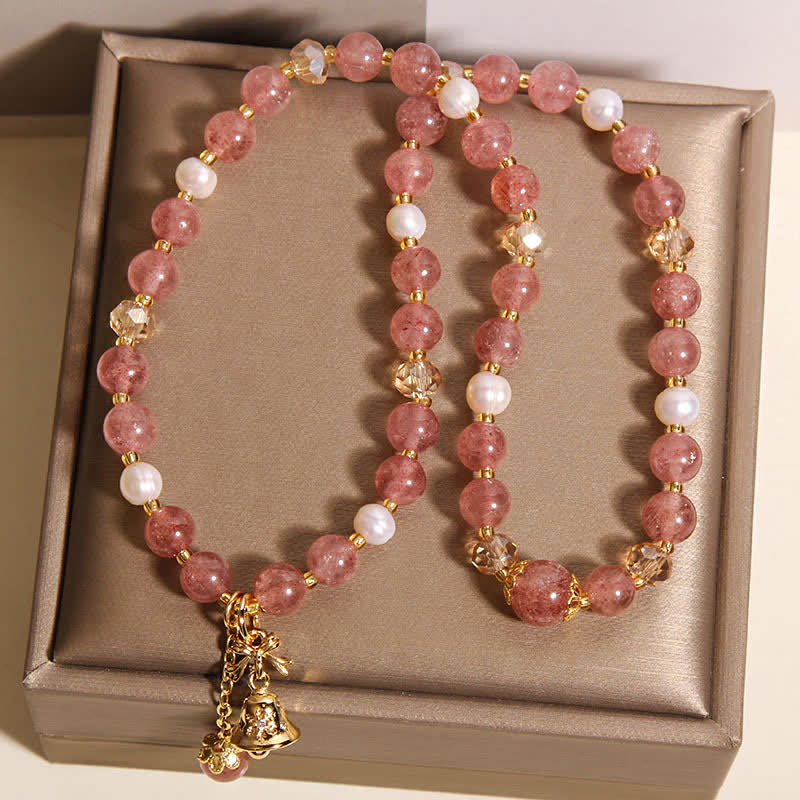 Buddha Stones Bracelet papillon double tour en quartz fraise et perle, amour, quartz fraise et perle. - image 9