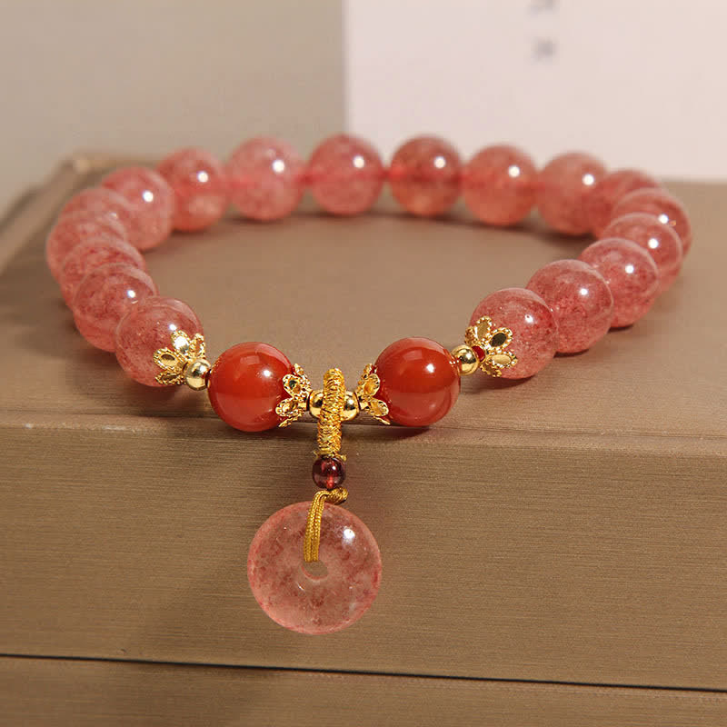 Buddha Stones Bracelet rond à perles en quartz fraise et boucle de paix - image 1