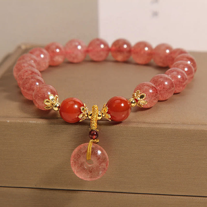 Buddha Stones Bracelet rond à perles en quartz fraise et boucle de paix - image 1