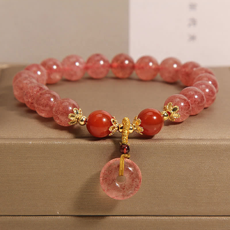 Buddha Stones Bracelet rond à perles en quartz fraise et boucle de paix - Quartz fraise (Amour ♥ Guérison) - image 0