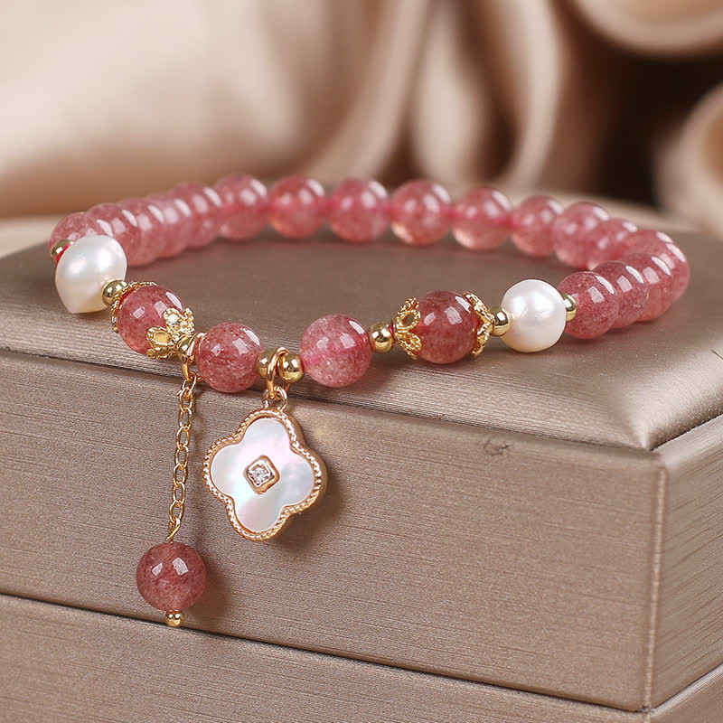 Buddha Stones Bracelet rond en perles de quartz fraise, nacre et coquillage, motif trèfle à quatre feuilles et perles d'amour - image 4