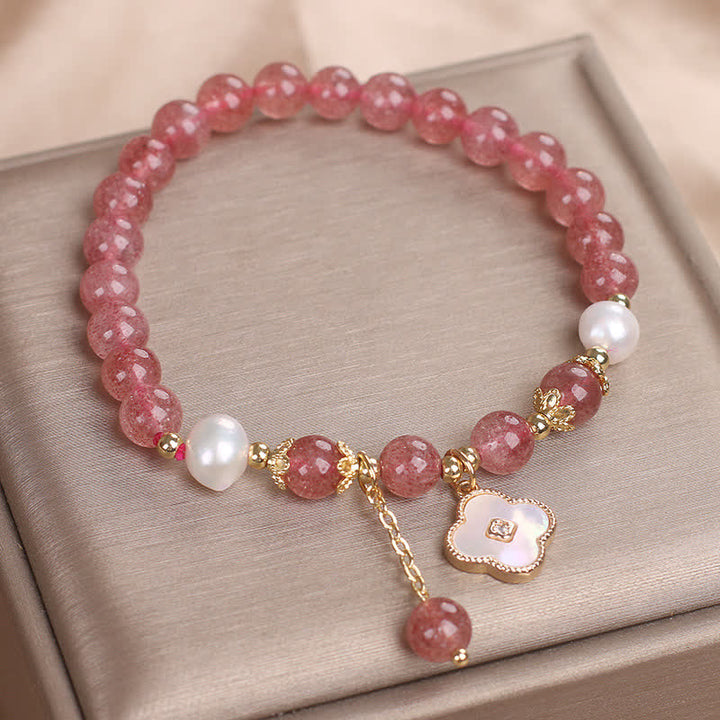 Buddha Stones Bracelet rond en perles de quartz fraise, nacre et coquillage, motif trèfle à quatre feuilles et perles d'amour - image 8