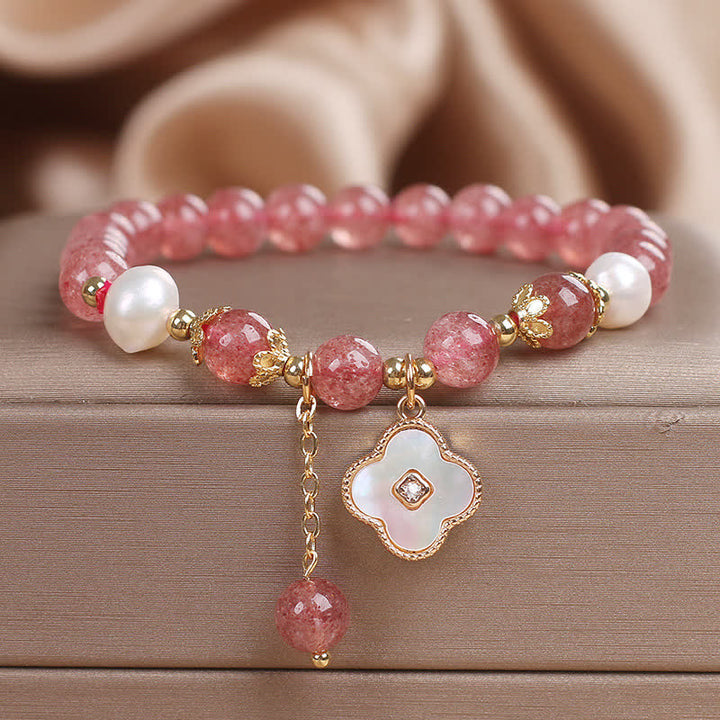 Buddha Stones Bracelet rond en perles de quartz fraise, nacre et coquillage, motif trèfle à quatre feuilles et perles d'amour - Quartz fraise (Amour ♥ Guérison) - image 0