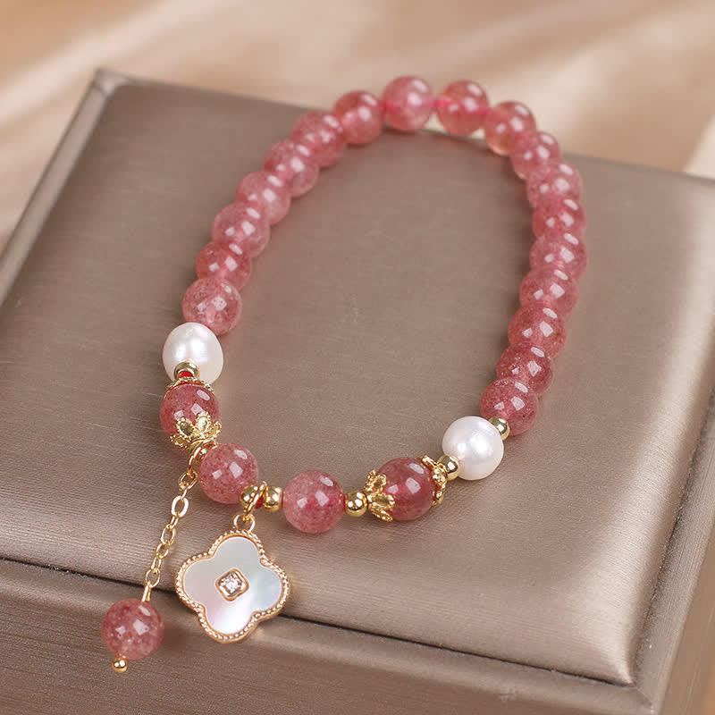Buddha Stones Bracelet rond en perles de quartz fraise, nacre et coquillage, motif trèfle à quatre feuilles et perles d'amour - image 7