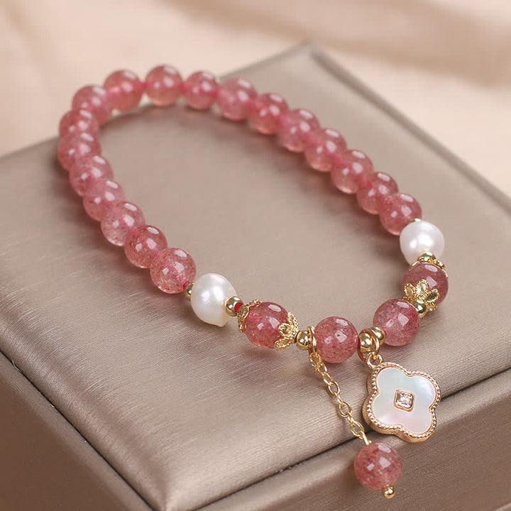 Buddha Stones Bracelet rond en perles de quartz fraise, nacre et coquillage, motif trèfle à quatre feuilles et perles d'amour - image 6