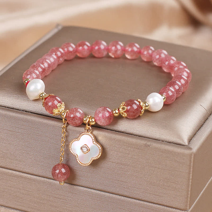 Buddha Stones Bracelet rond en perles de quartz fraise, nacre et coquillage, motif trèfle à quatre feuilles et perles d'amour - image 3