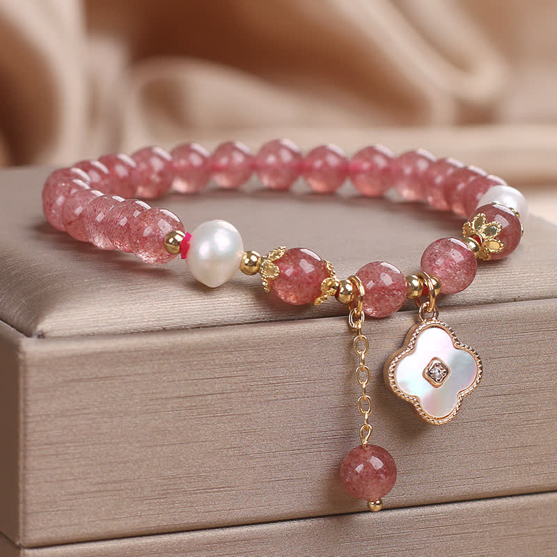Buddha Stones Bracelet rond en perles de quartz fraise, nacre et coquillage, motif trèfle à quatre feuilles et perles d'amour - image 2